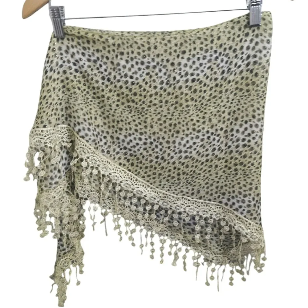 Leopard Print Fringe Scarf Wrap Animal Print Crochet Trim Shawl Boho Festival